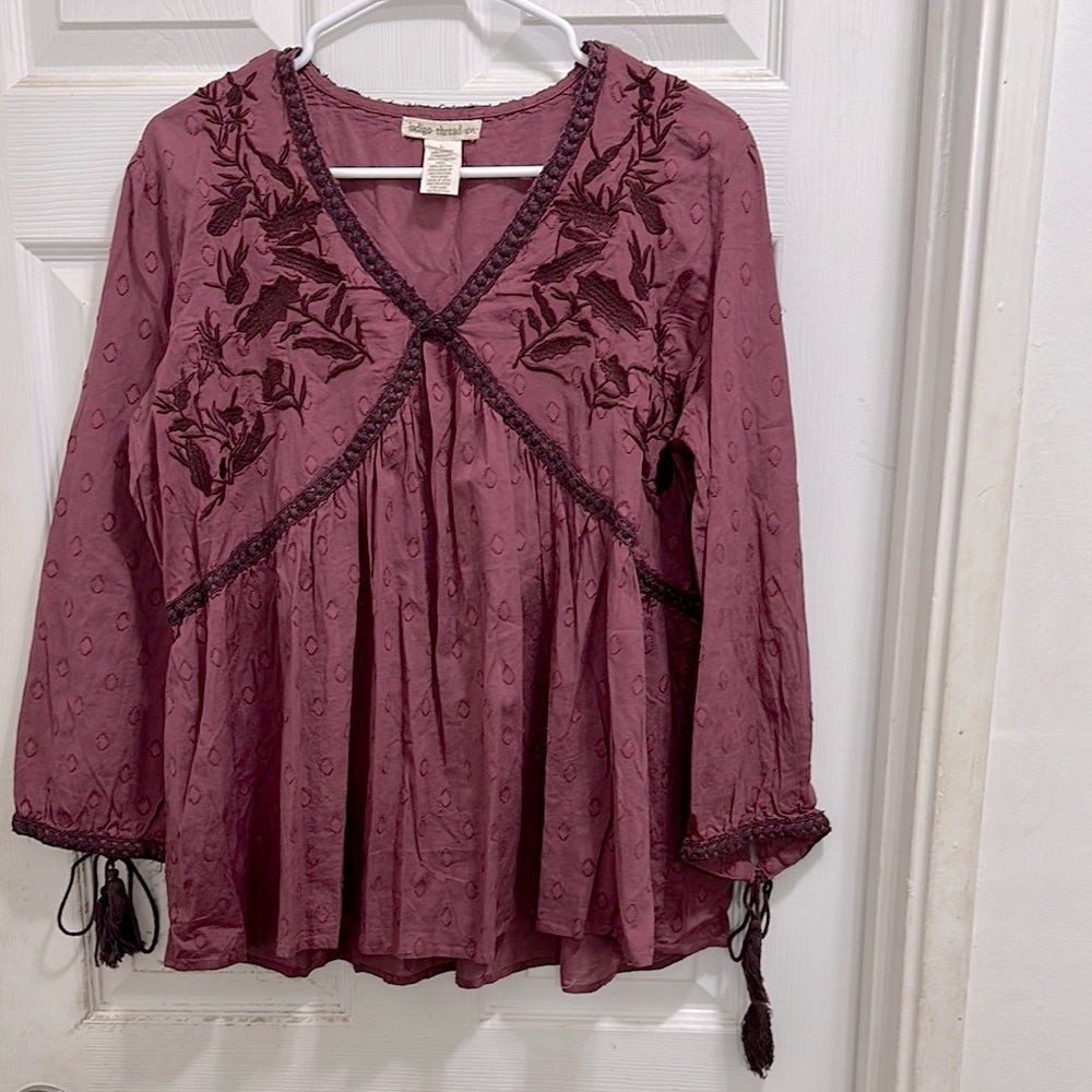 Indigo Threads Co Embroidered Boho Blouse with Tassels on the Sleeves NWOT